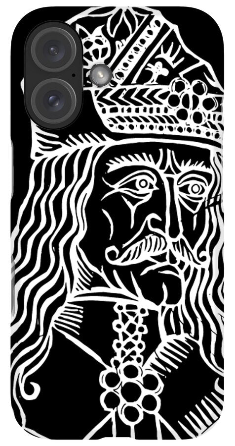 Black phone case with white woodcut Dracula face, ornate crown, and dual camera lens cutouts.