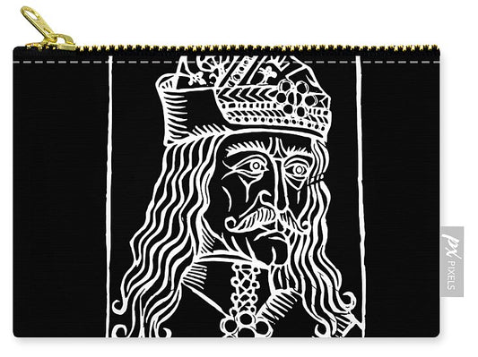 Black zip pouch with gold zipper pull and white woodcut portrait of Dracula