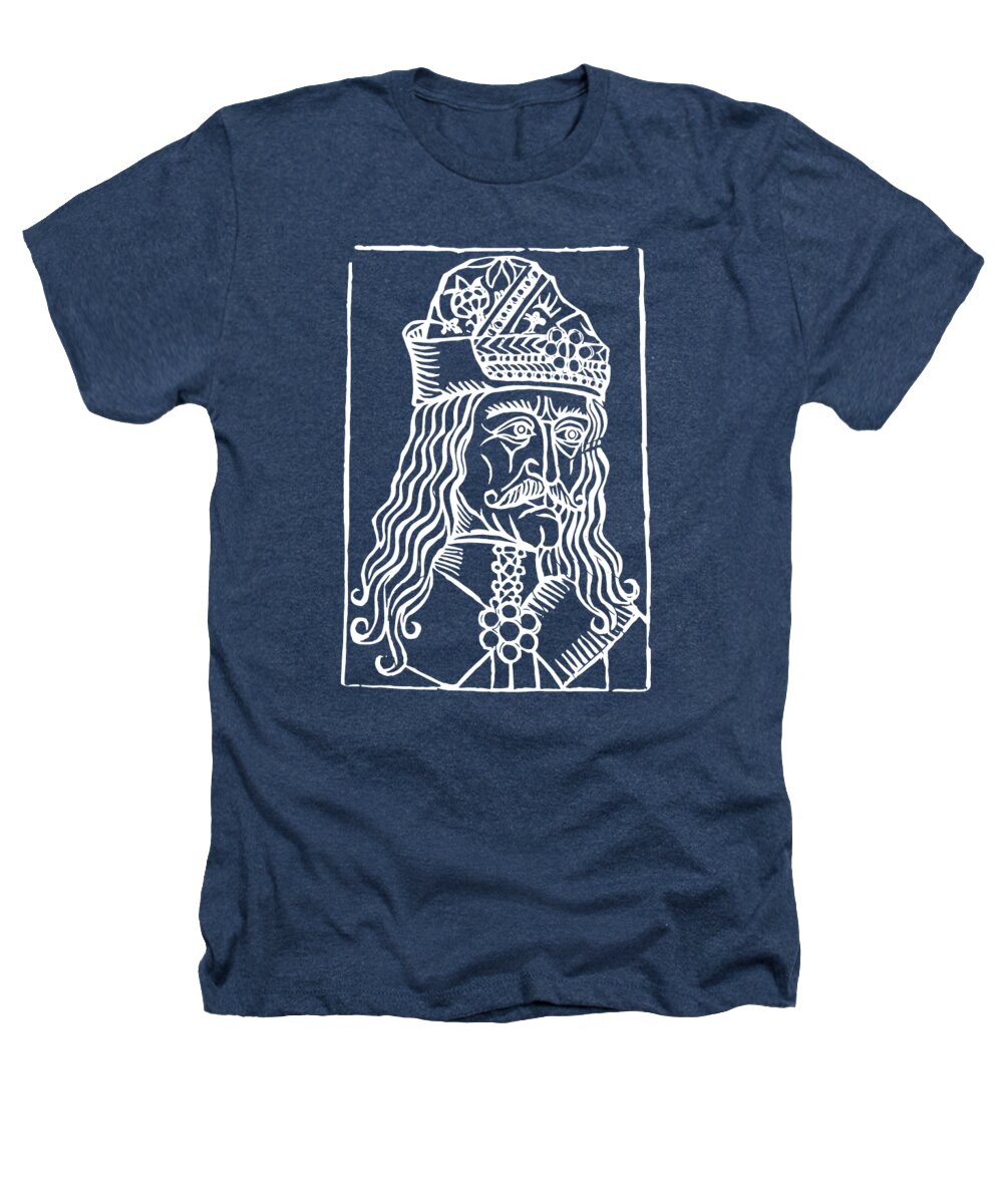 Navy heather T-shirt with white Dracula woodcut portrait graphic