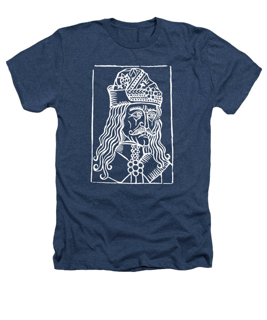 Navy heather T-shirt with white Dracula woodcut portrait graphic