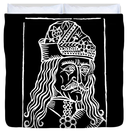 Dracula woodcut duvet cover with black background and white portrait face illustration