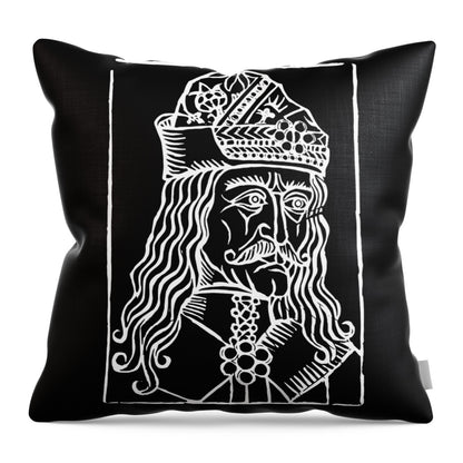 Black decorative pillow with a white woodcut portrait and vertical stripe accent borders