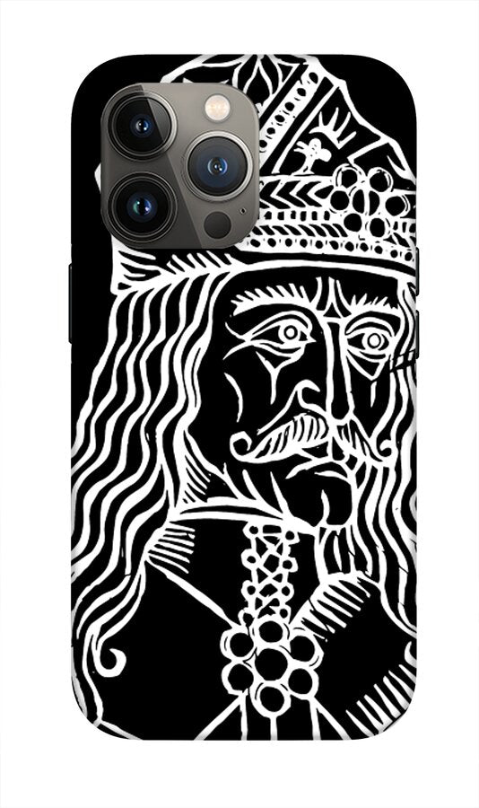 Gray phone case with white woodcut-style Vlad portrait and patterned crown above