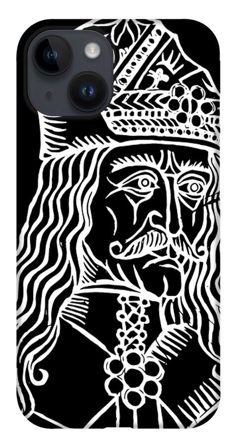 Black phone case featuring a white woodcut Dracula face with crown-like ornament