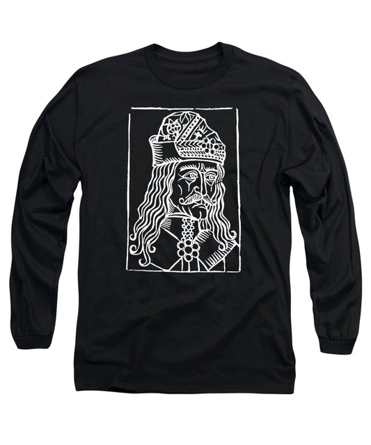Black long sleeve T-shirt with white woodcut-style Dracula graphic on front.