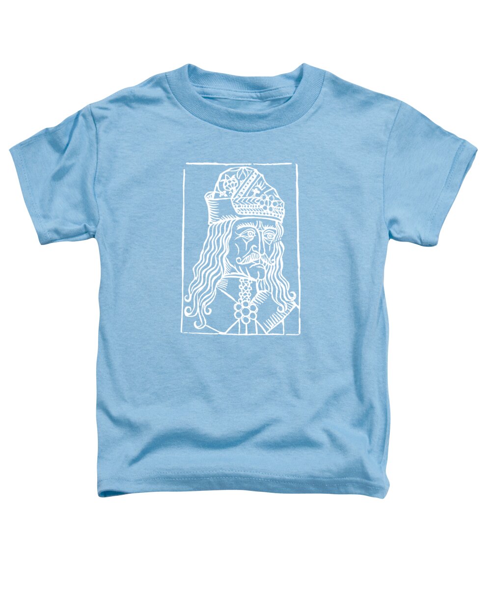 Toddler light blue t-shirt with white square woodcut-style Dracula face graphic