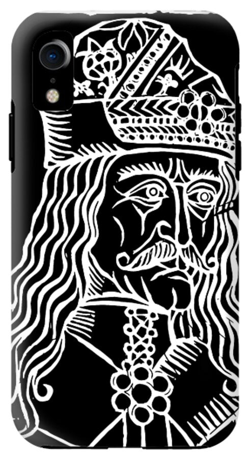 Black phone case with white woodcut Dracula face, ornate crown, and corner camera cutout.