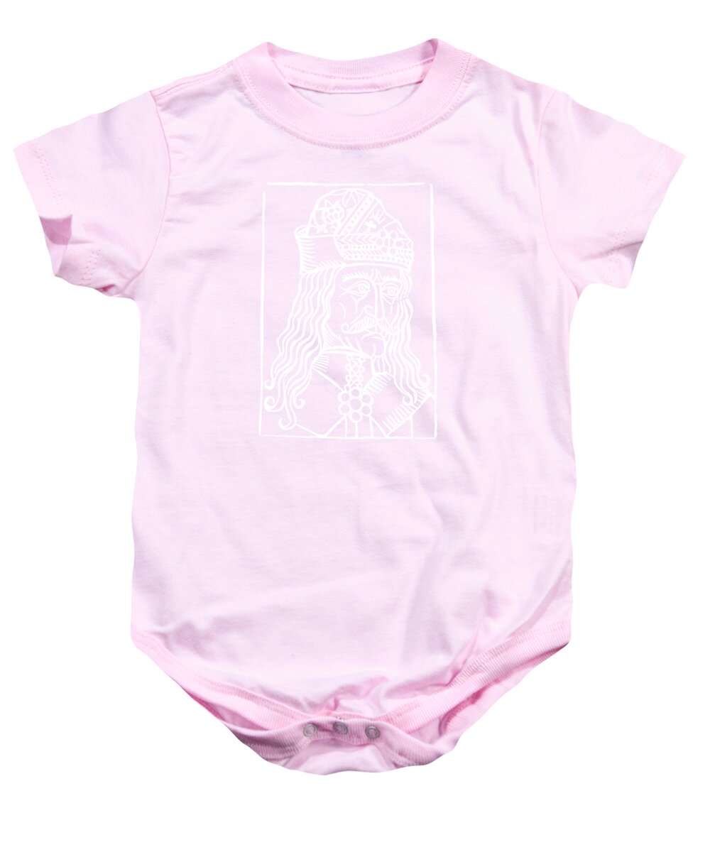 Light pink baby onesie with white Dracula woodcut graphic; short sleeves; snap buttons.