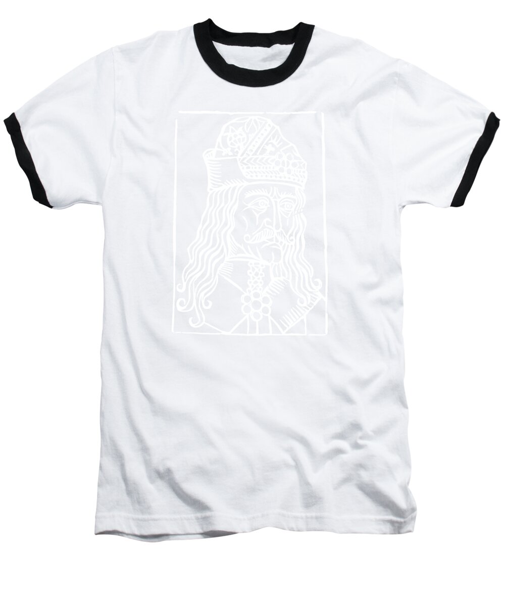 Baseball T-shirt in white with black raglan sleeves, light woodcut graphic on front
