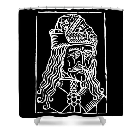 Black shower curtain with white woodcut-style crowned vampire face graphic.