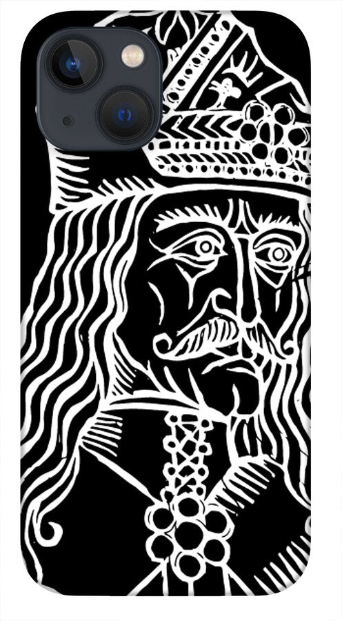 Gray phone case with white woodcut Dracula portrait, ornate headpiece and collar