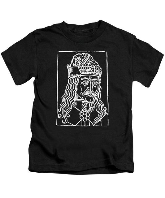 Kids black T-shirt with white Dracula-style woodcut graphic on the chest