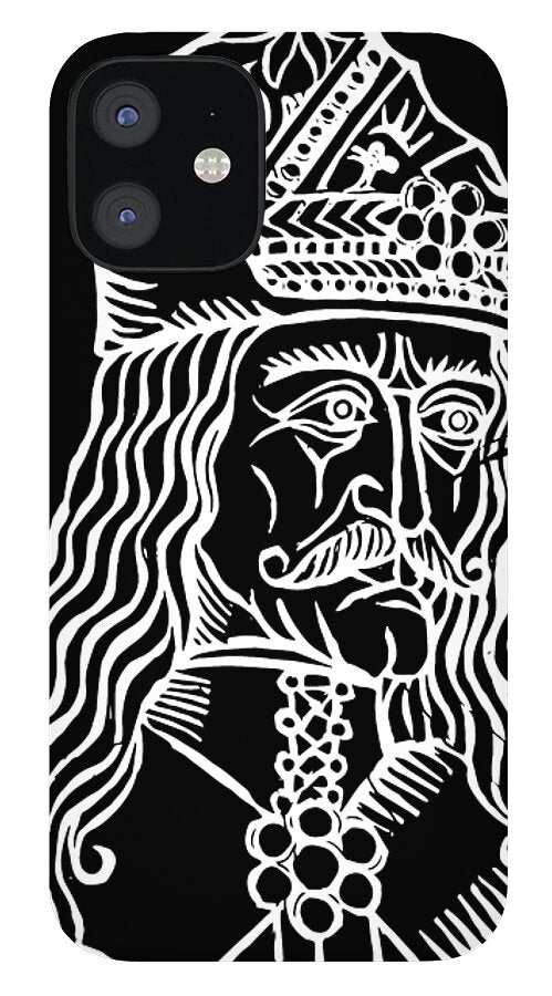 Black phone case with white woodcut-style Vlad portrait and ornate collar trim