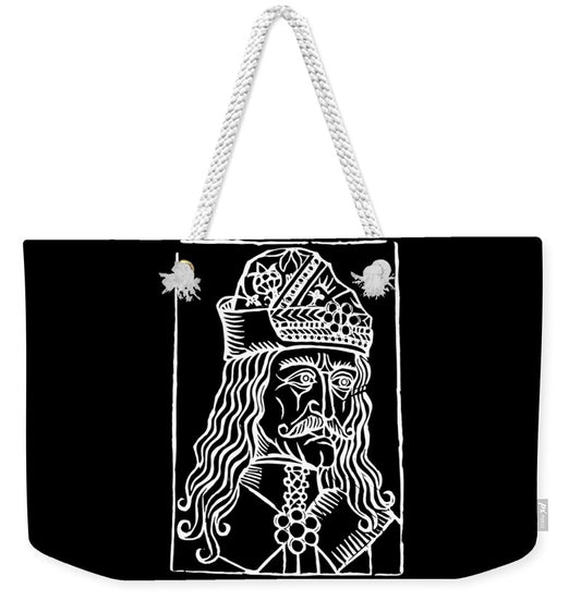 Black weekender tote bag with braided rope handles and white Vlad woodcut panel