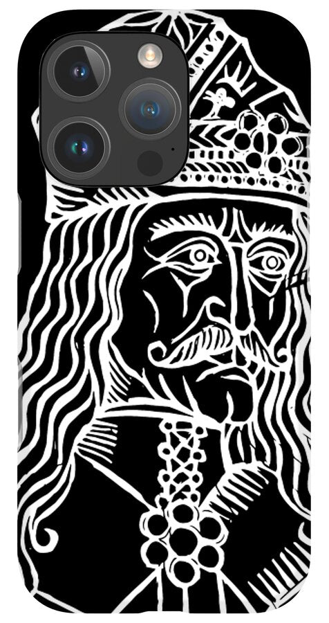 Black phone case with white woodcut Dracula face, ornate crown, and quad camera lens cutouts.