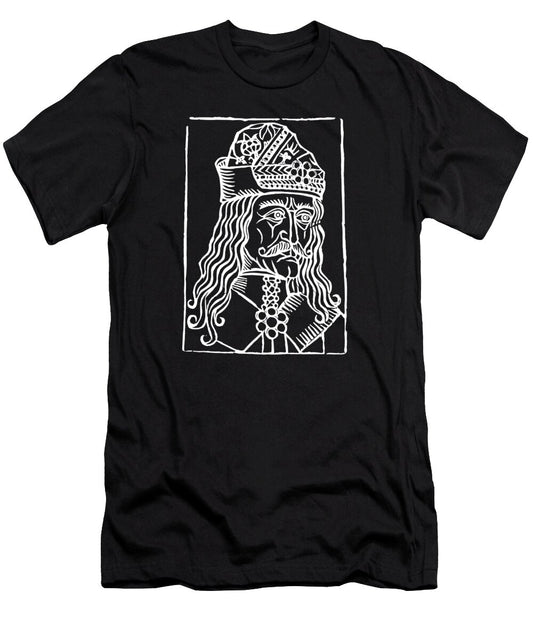 Black t-shirt with white woodcut-style Dracula portrait graphic on chest