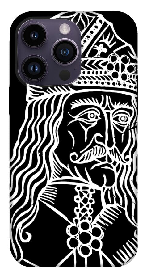 Gray phone case displaying a white woodcut-style Dracula headshot