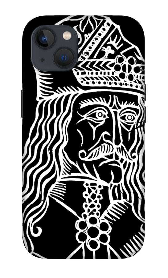 Black phone case with white woodcut-style Vlad portrait, ornate collar and crown