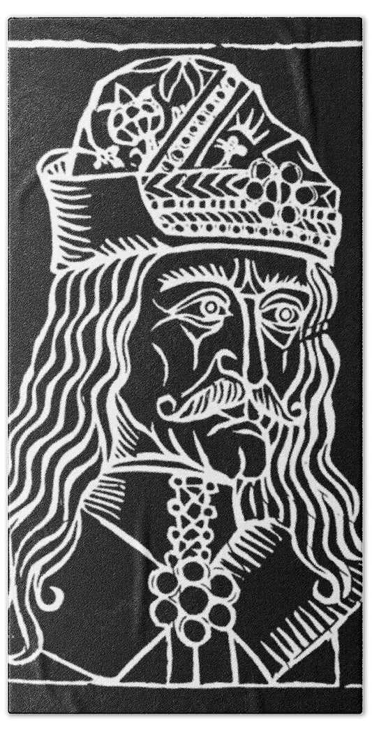 Black and white woodcut-style Dracula portrait beach towel, rectangular.