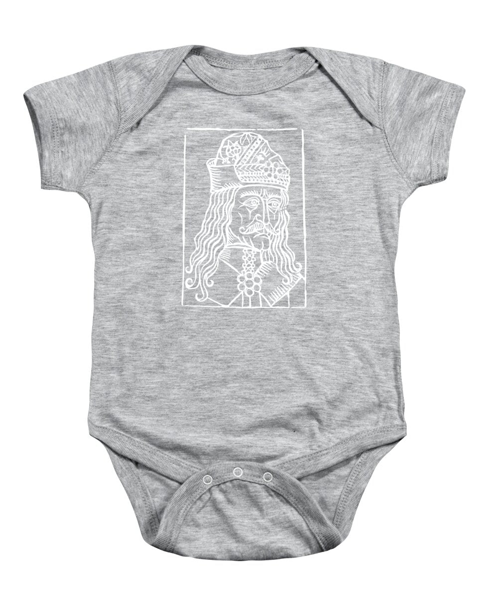Heather gray baby onesie with white Dracula woodcut graphic; short sleeves; snap buttons.