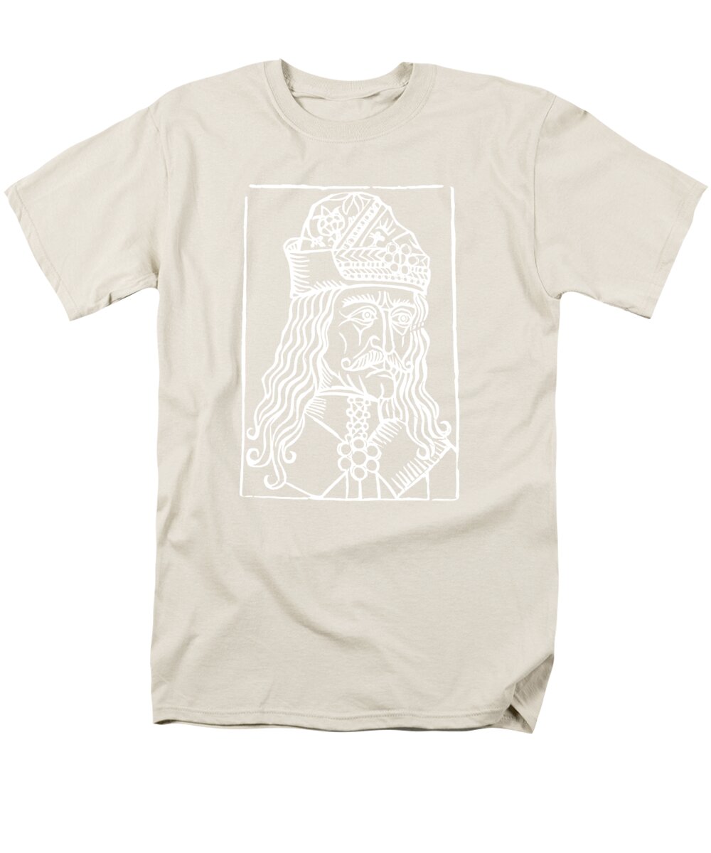 Men's cream T-shirt with white rectangular Dracula woodcut graphic on chest