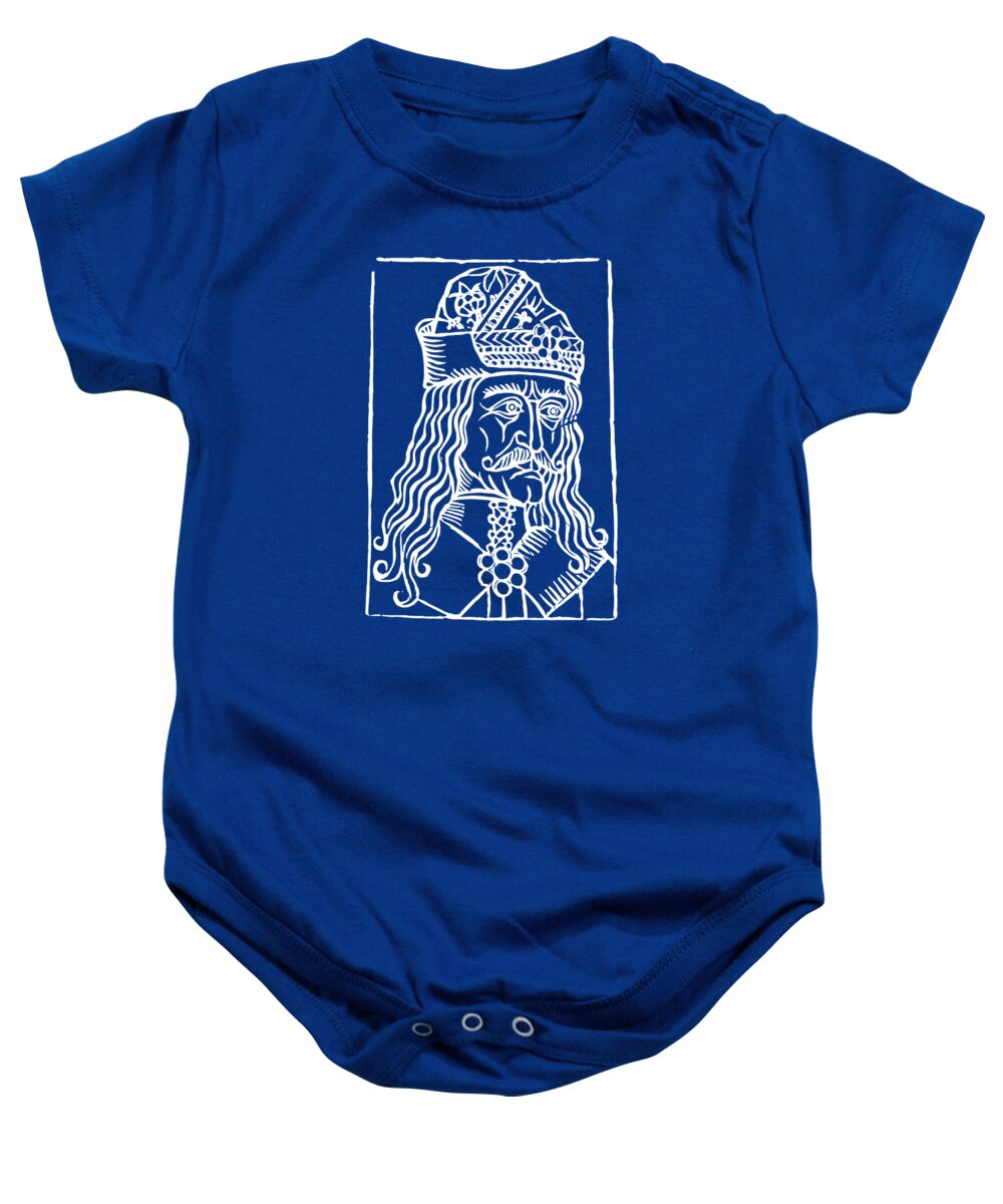 Blue baby onesie bodysuit with white woodcut-style Dracula graphic on front
