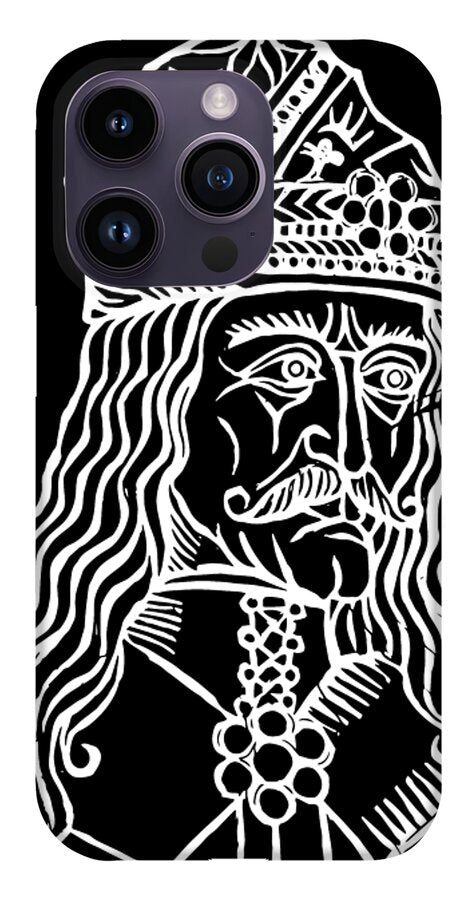 Gray phone case with white woodcut-style Dracula portrait and decorative crown