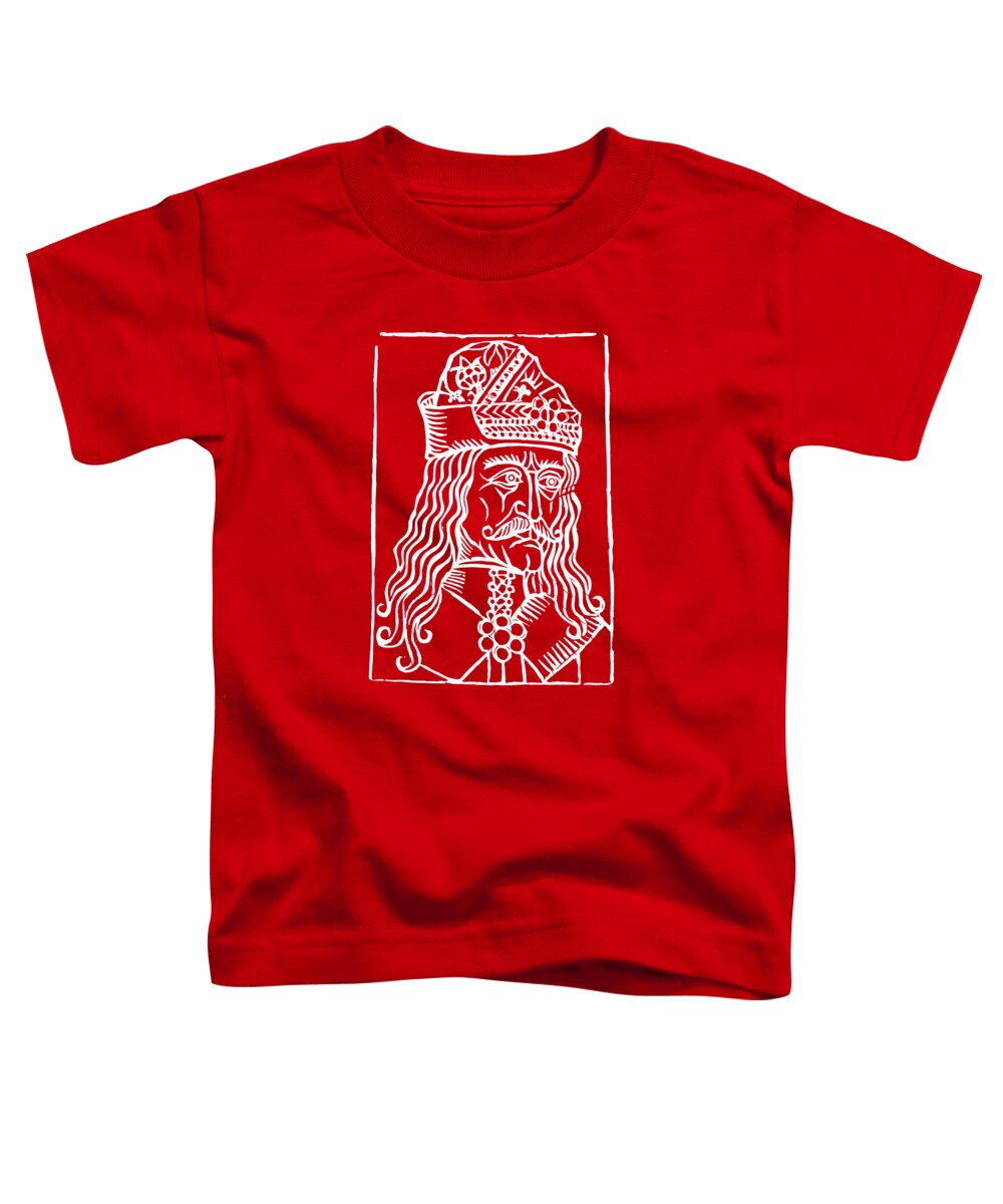 Toddler red t-shirt with white square woodcut-style Dracula face graphic