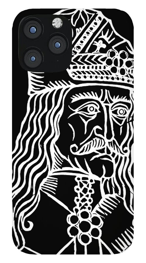 Black phone case with white woodcut Dracula face and decorative crown, triple camera cutouts