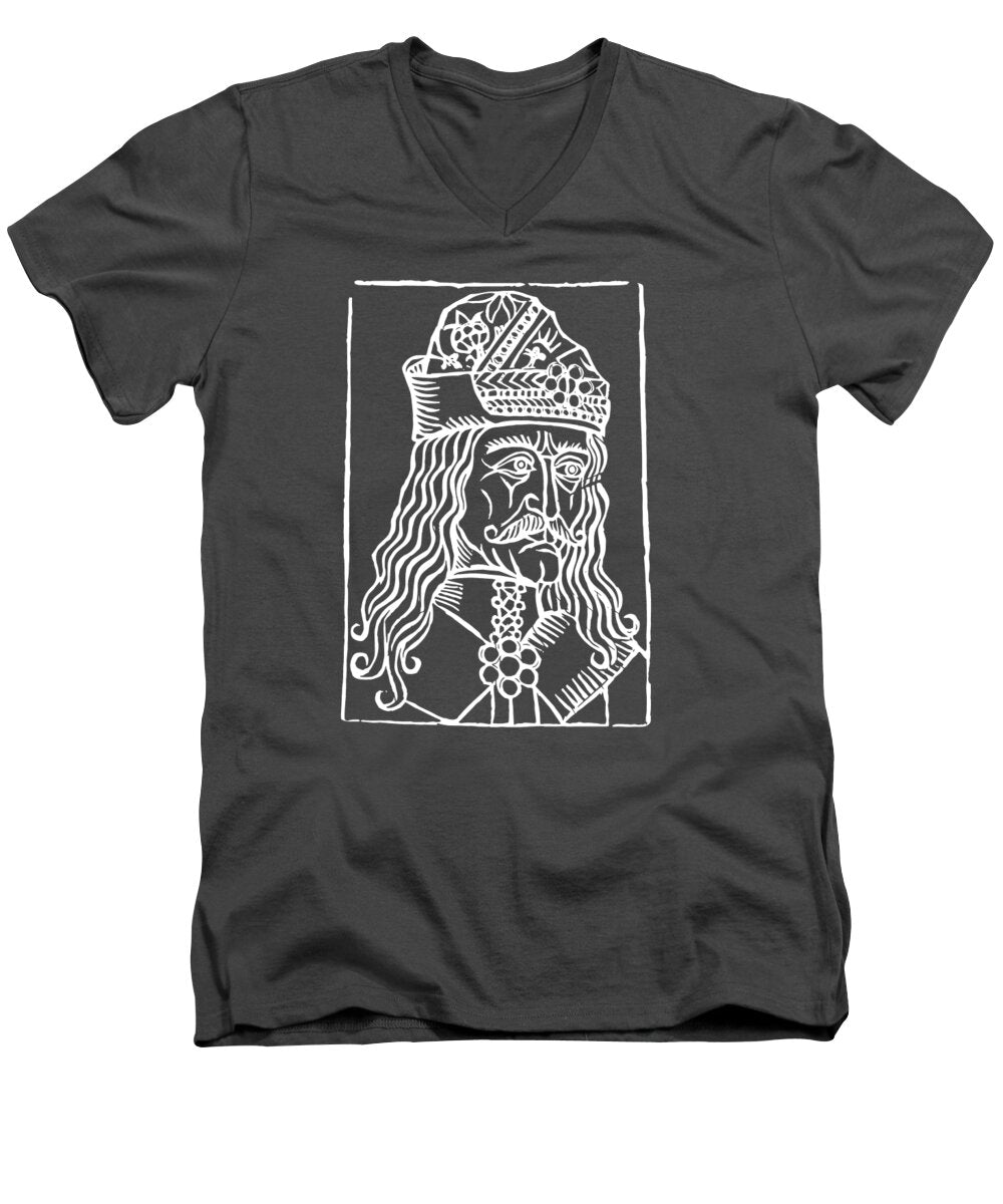 Men's charcoal V-neck T-shirt with Dracula woodcut graphic print