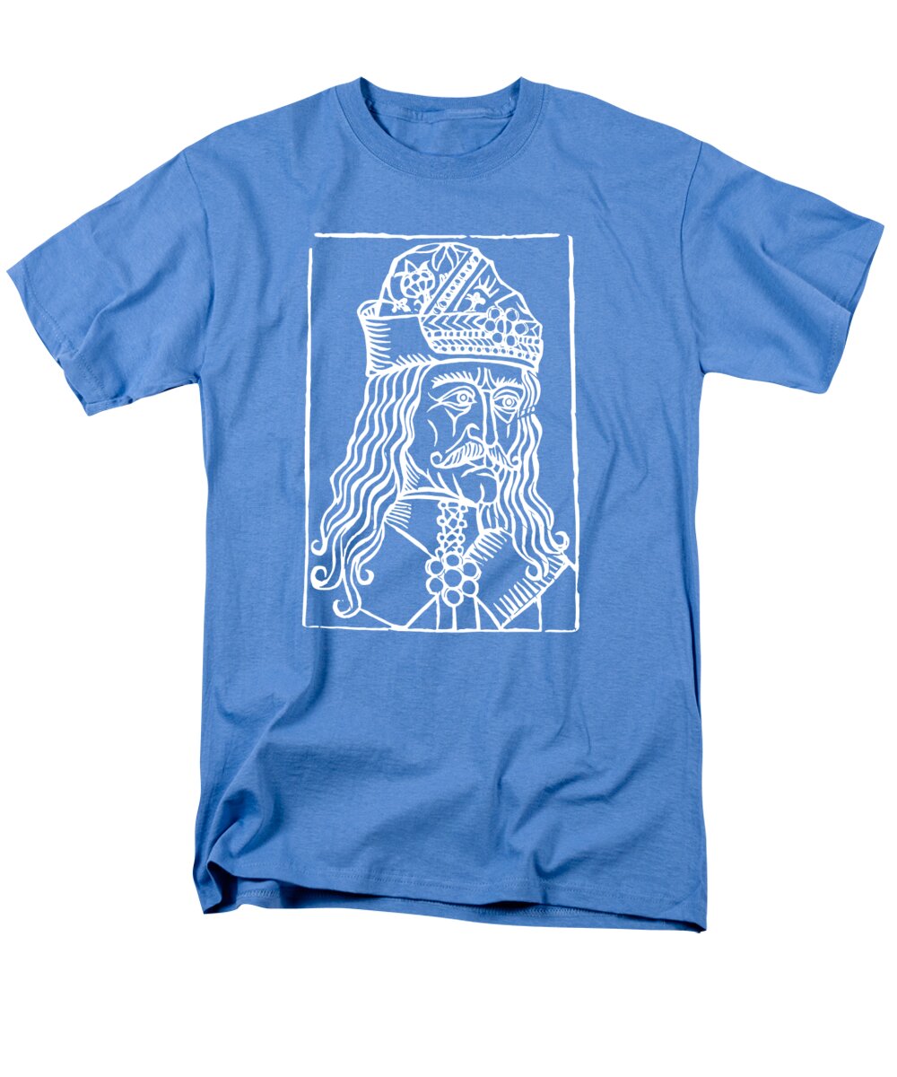 Men's blue T-shirt with white rectangular Dracula woodcut graphic on chest
