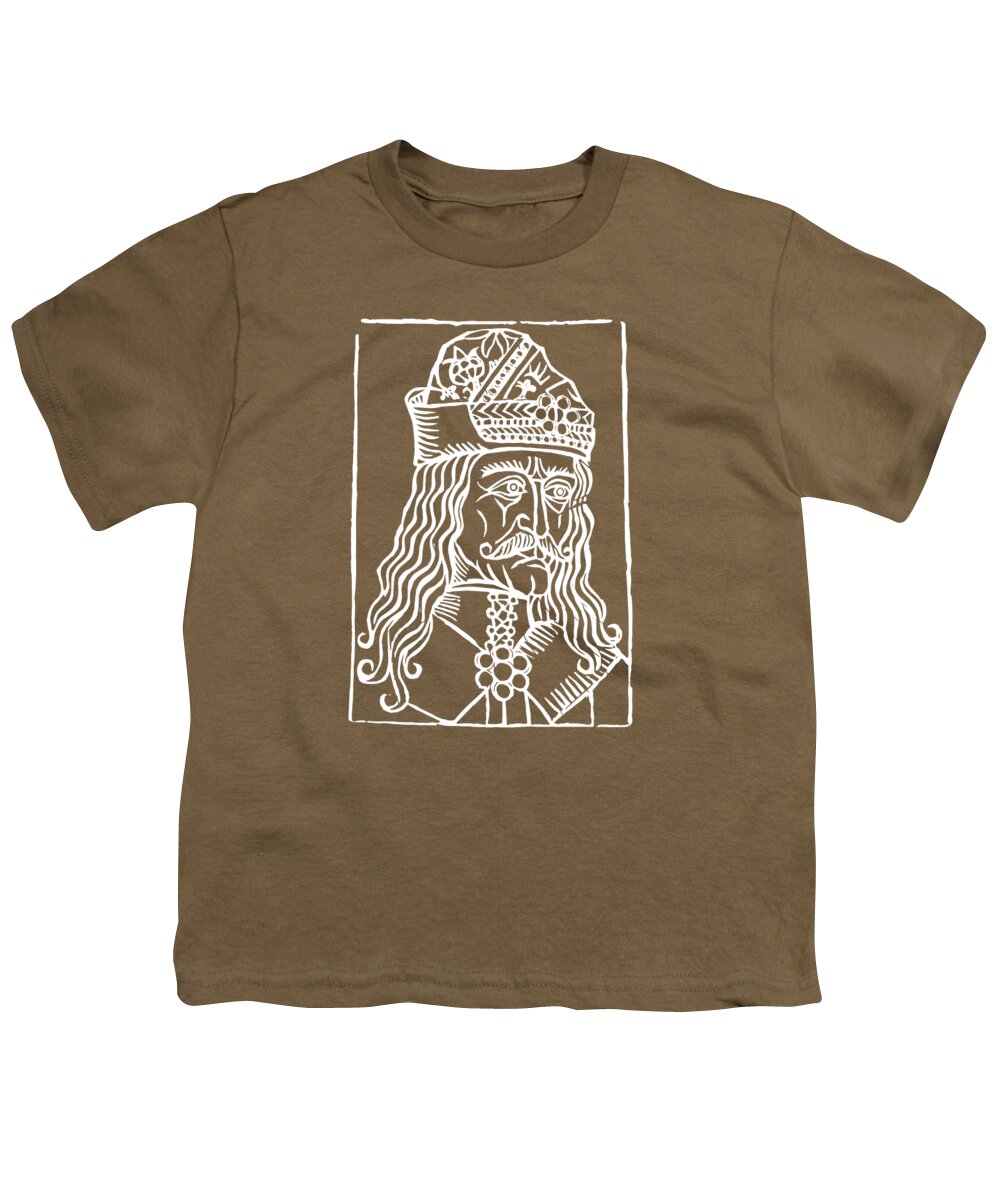 Youth T-shirt, olive brown, crew neck, white woodcut-style Dracula portrait print in square