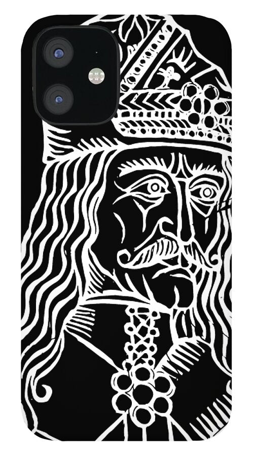 Black phone case with white woodcut-style Vlad portrait and patterned collar details