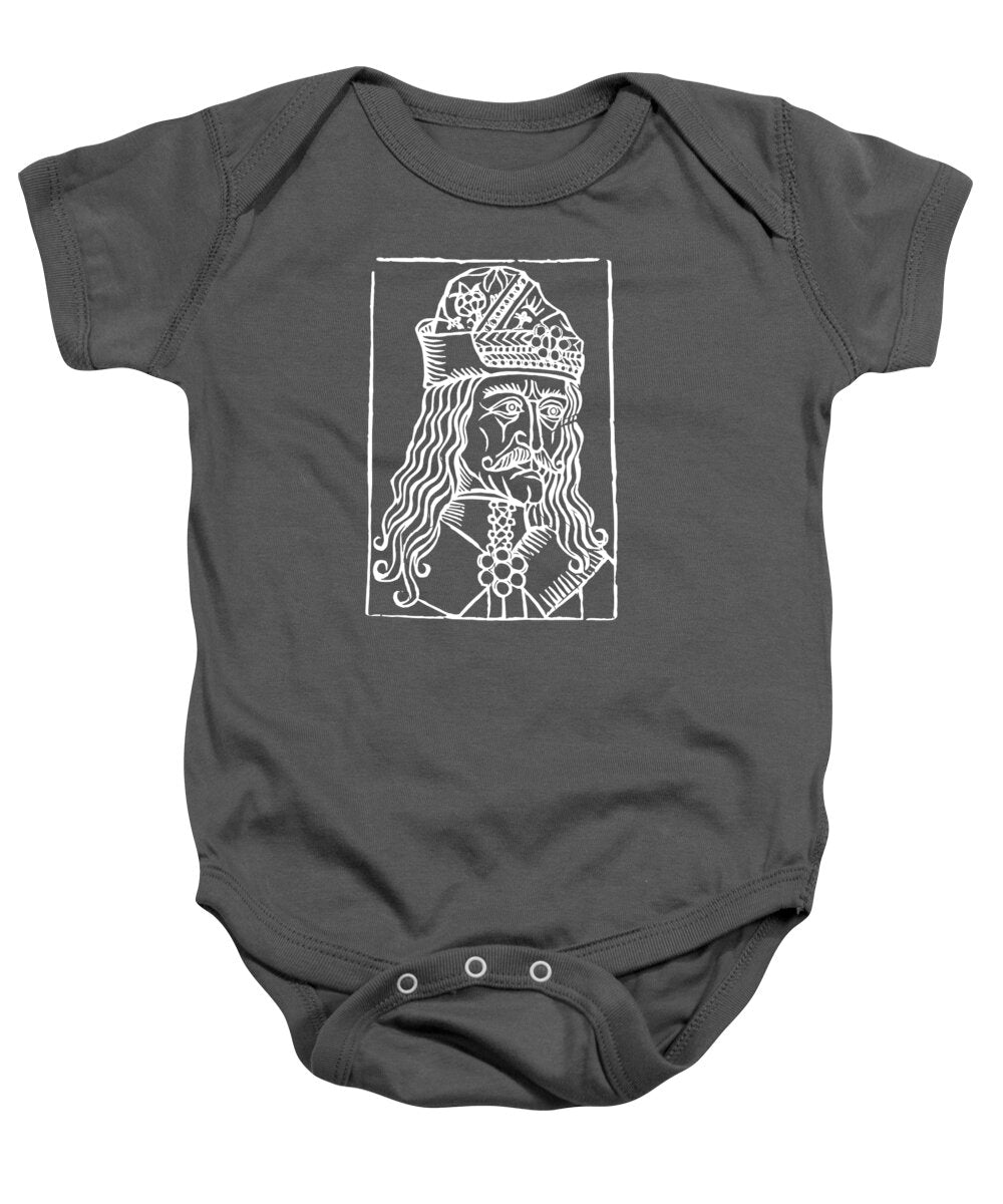 Charcoal baby onesie with white Dracula woodcut graphic on chest; snap buttons at leg opening.