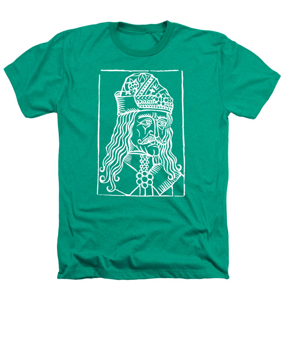 Kelly green heather T-shirt with white Dracula woodcut portrait graphic