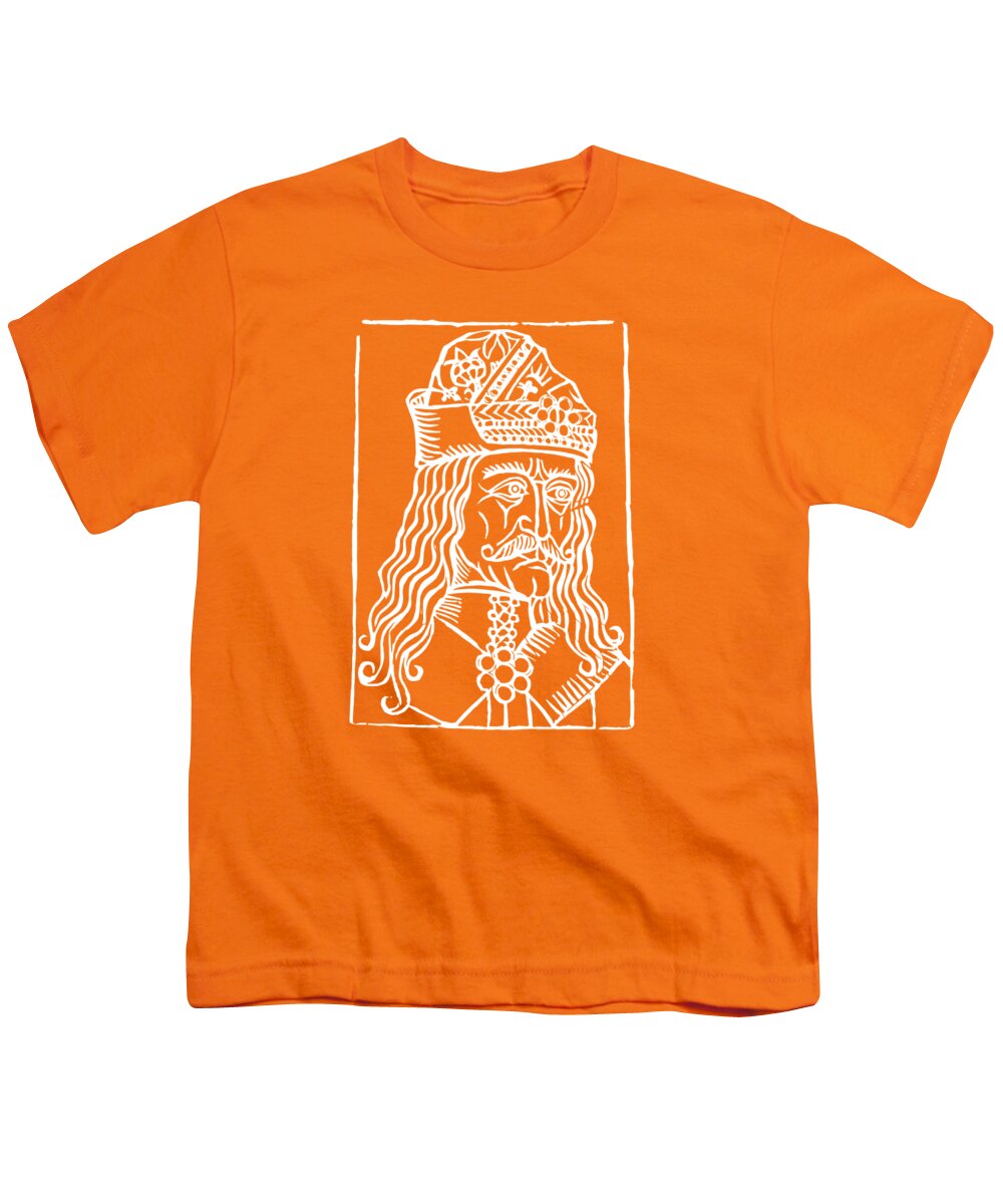 Youth T-shirt, orange, crew neck, white woodcut-style Dracula portrait print in square