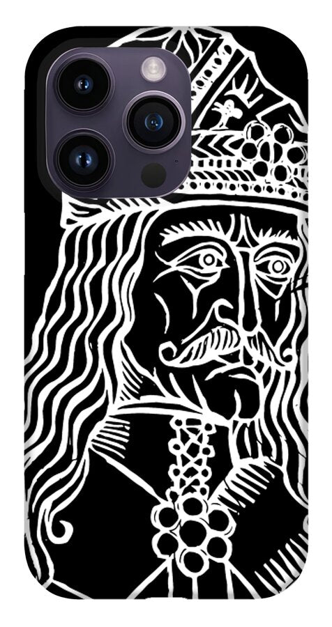 Gray phone case with white woodcut Dracula portrait and visible camera lenses