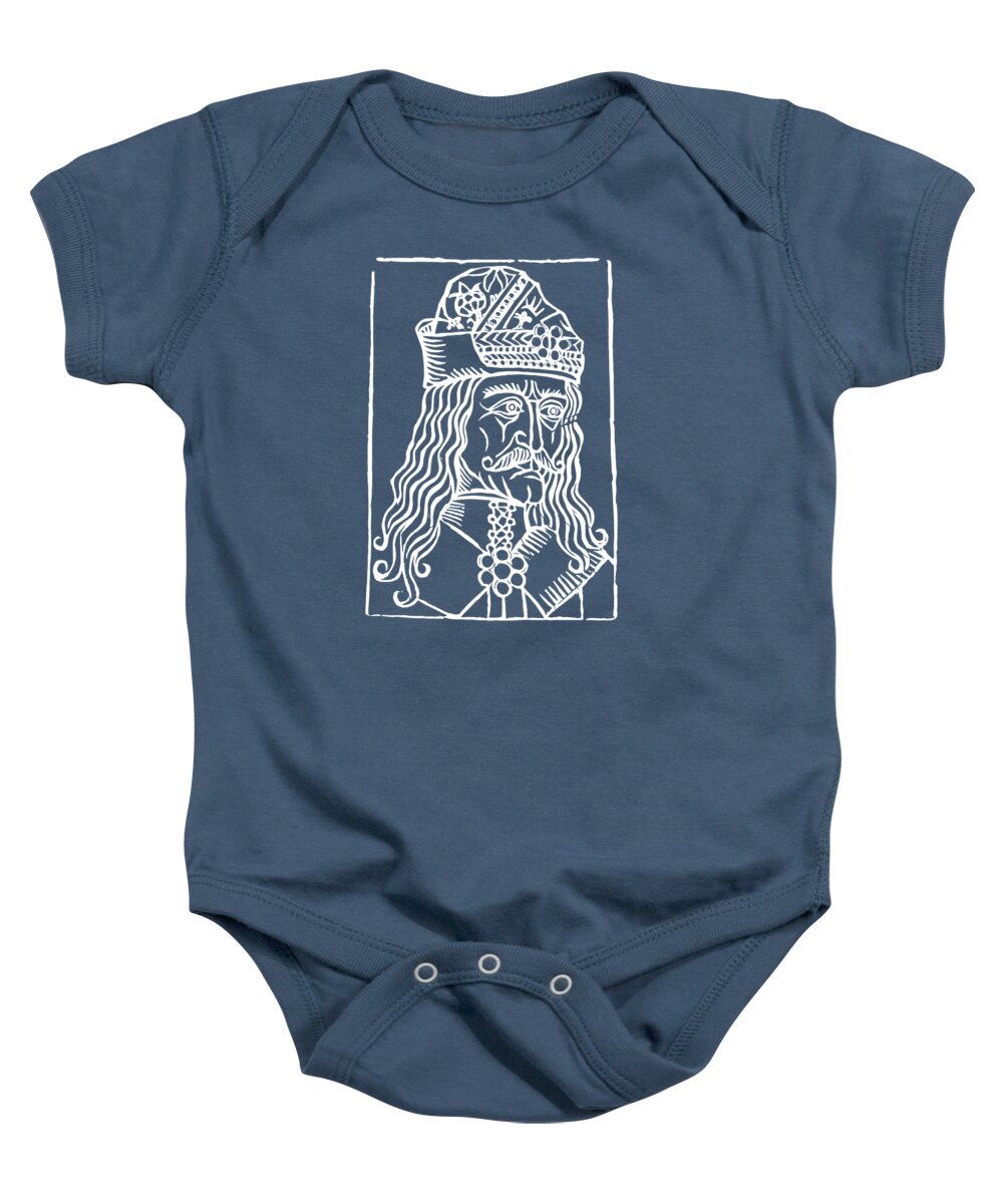 Navy baby onesie with white Dracula woodcut graphic; short sleeves; snap buttons at bottom.