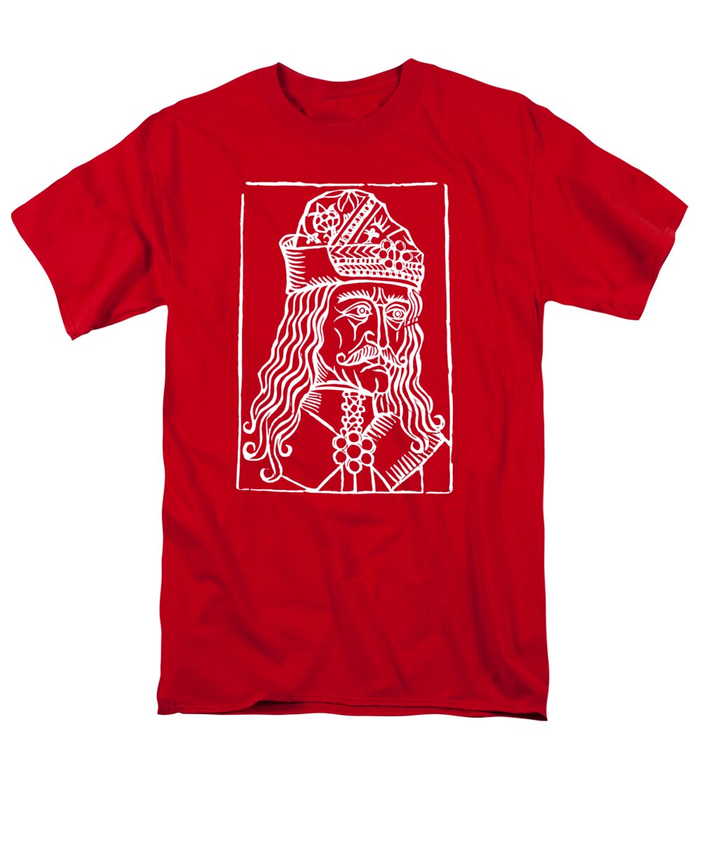 Men's graphic T-shirt in red with white woodcut-style Dracula portrait print