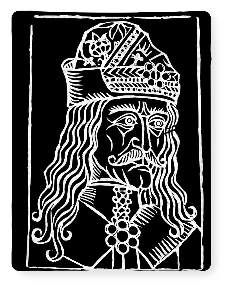 Dracula woodcut blanket: black with white portrait woodcut and decorative border