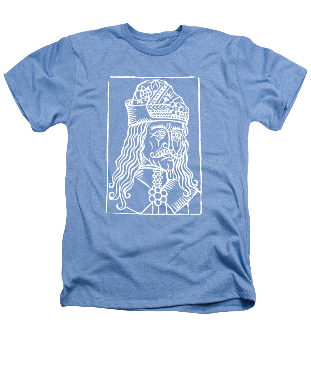 Light blue heather T-shirt with white Dracula woodcut portrait graphic