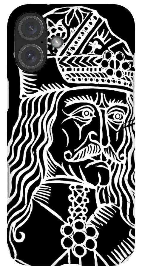 Black phone case with white woodcut Dracula face, ornate crown, and dual camera lens cutouts.