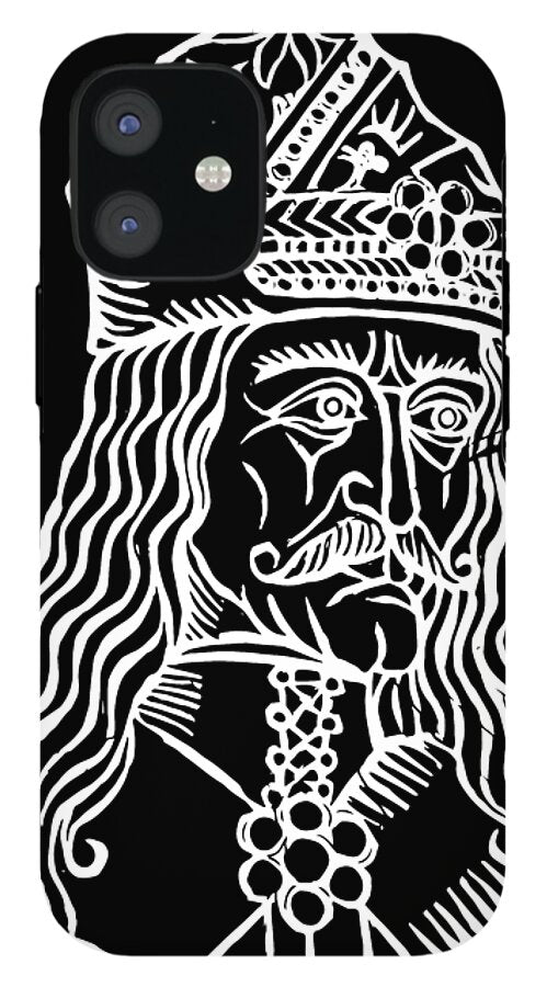 Black phone case with white woodcut-style bearded Vlad portrait and crown decoration