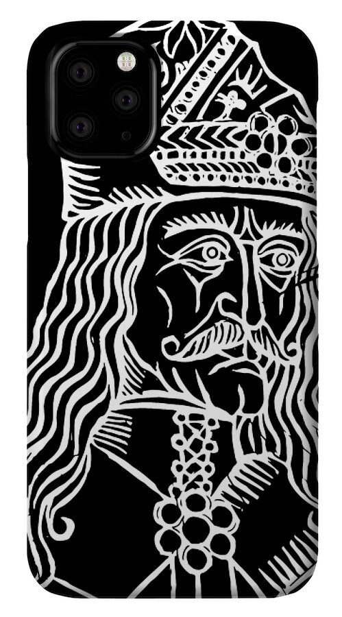 Black phone case with white woodcut Dracula face and patterned crown, dual camera cutout