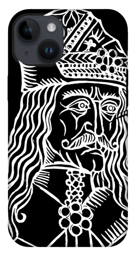 Black phone case with white woodcut Dracula face and flowing zebra-like lines