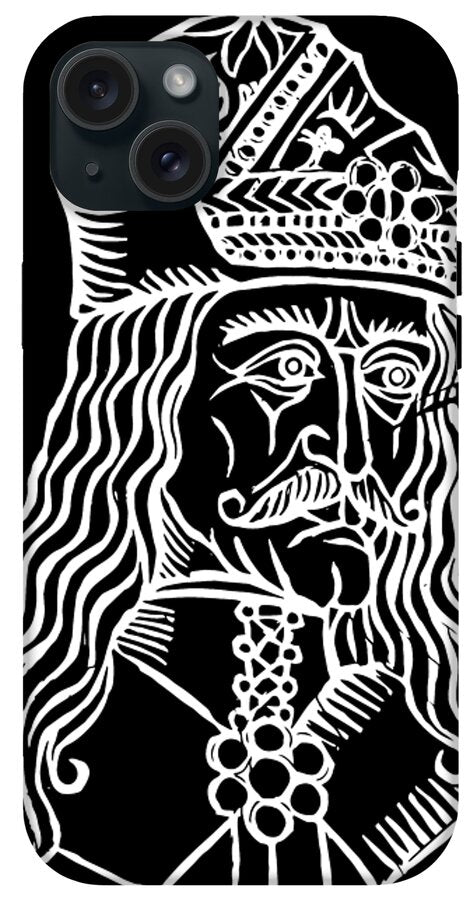 Phone case with black back and white woodcut Dracula portrait; camera lenses visible.