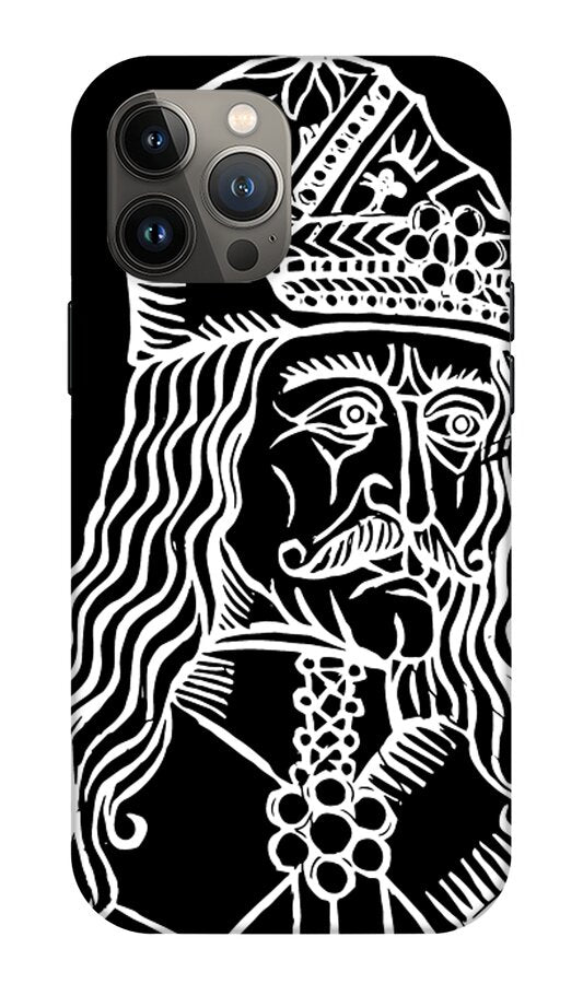 Gray phone case with white woodcut-style Vlad portrait, crown top and curly lines