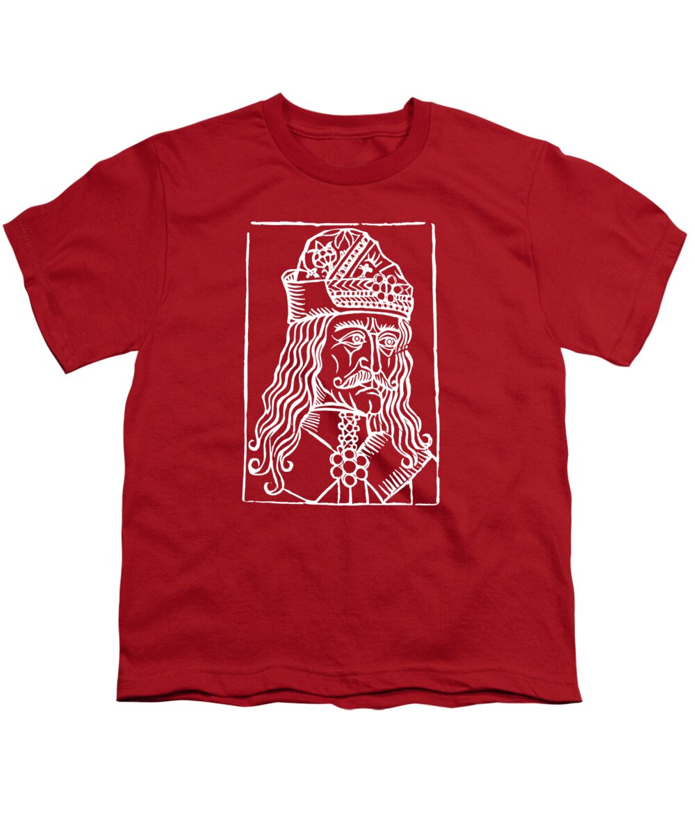 Youth T-shirt, red, crew neck, white woodcut-style Dracula portrait print in square