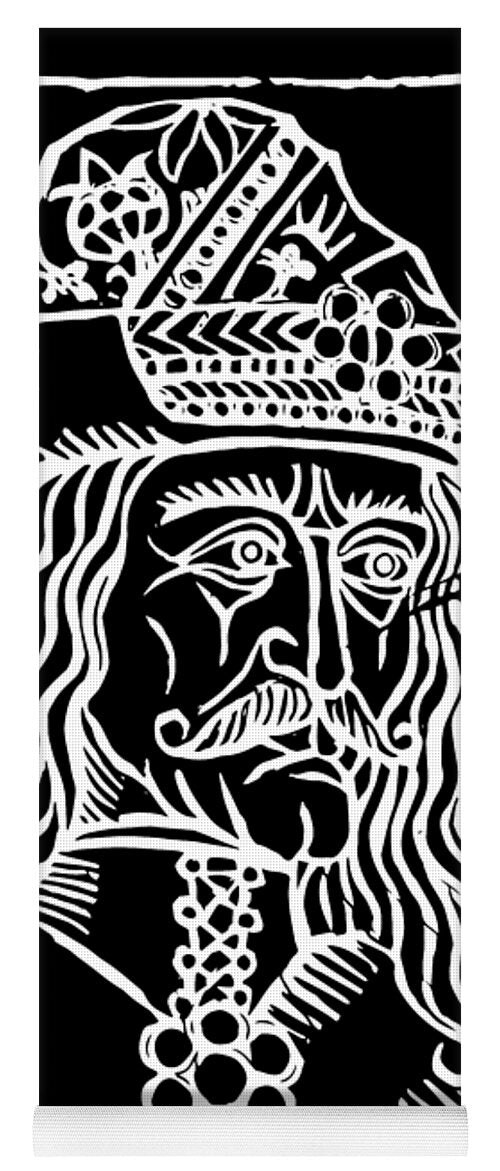 Dracula woodcut yoga mat in black and white with skull face artwork