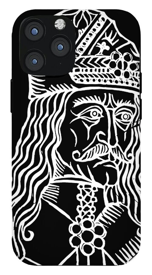 Black phone case featuring white woodcut-style Dracula portrait with ornate cross, triple camera